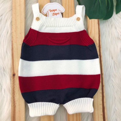   Jardineira Curta de Linha - Bolsinho e Listras Grossas OFF, Vermelho e Marinho